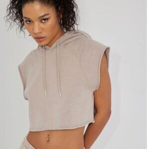 NWT GARAGE Cropped Boyfriend Sleeveless Hoodie in Cobblestone Beige XS $40
